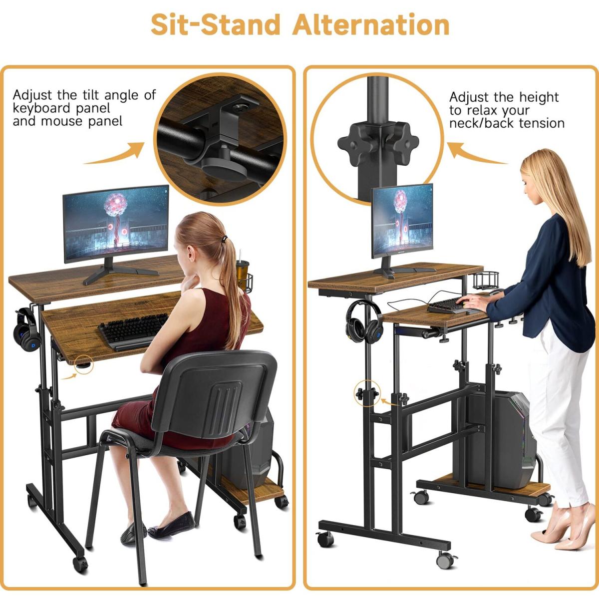 Height Adjustable Computer Desk on Wheels Home Office Workstation - brown – image 4