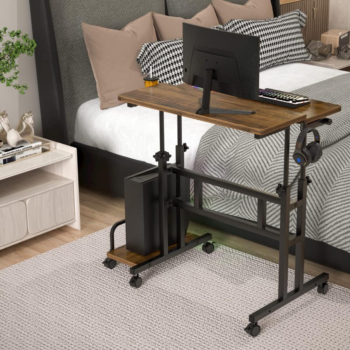 Height Adjustable Computer Desk on Wheels Home Office Workstation - brown – image 5