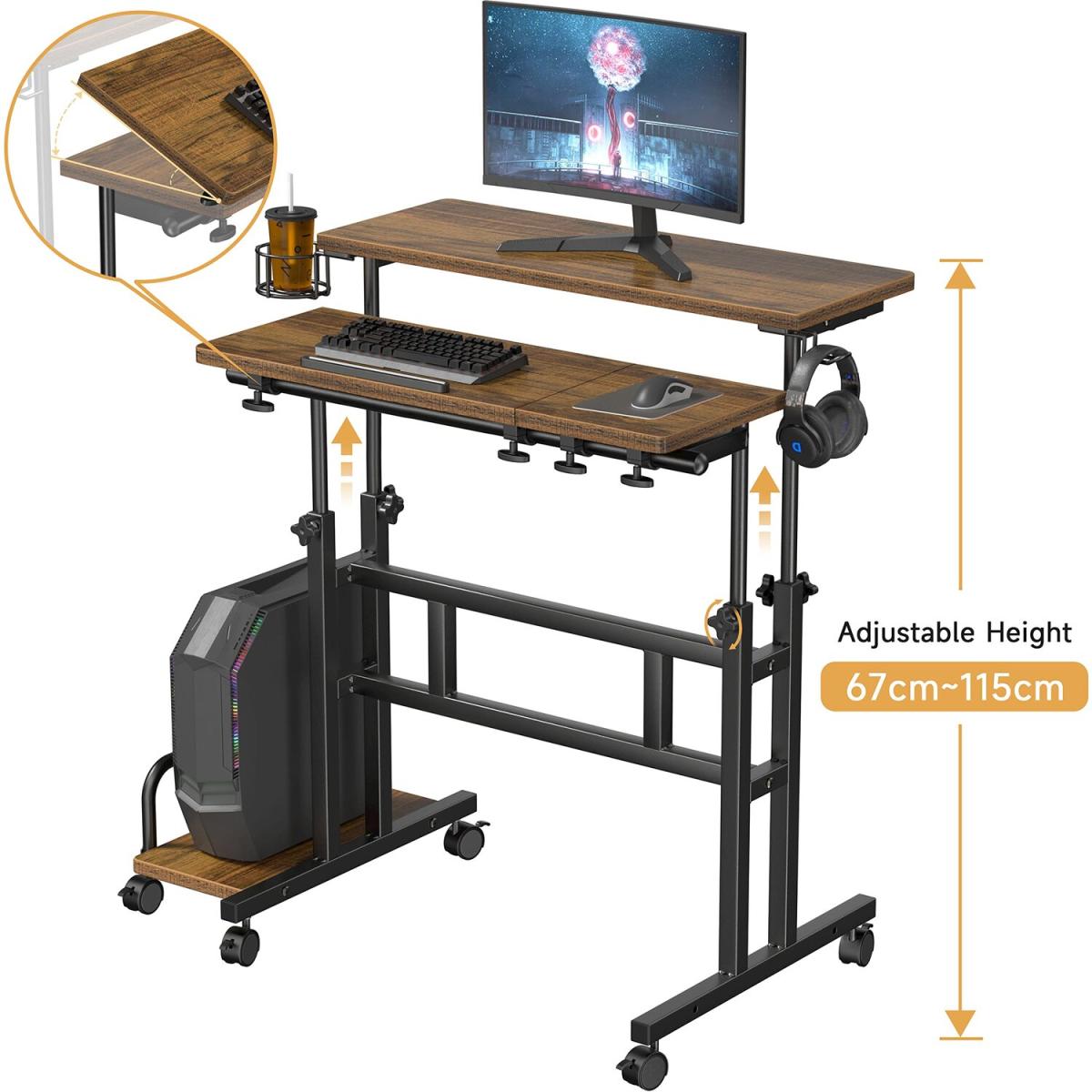 Height Adjustable Computer Desk on Wheels Home Office Workstation - brown – image 6