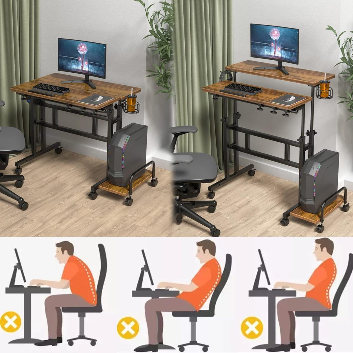 Height Adjustable Computer Desk on Wheels Home Office Workstation - brown – image 7