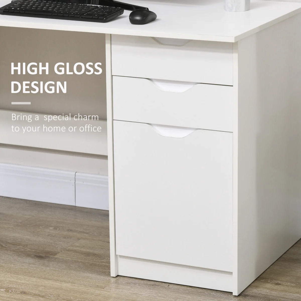 High Gloss Computer Desk with Drawers - White – image 5