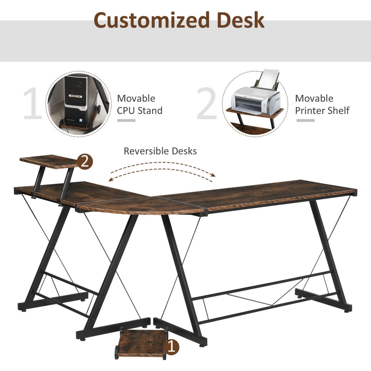 L Shaped Home Office Desk with Shelf and CPU Stand - Black, Wood Grain – image 2
