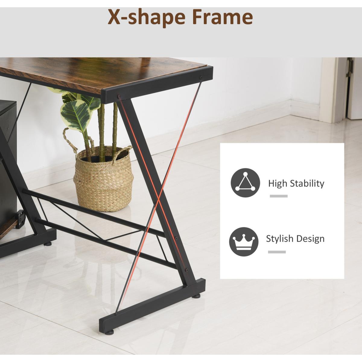 L Shaped Home Office Desk with Shelf and CPU Stand - Black, Wood Grain – image 3