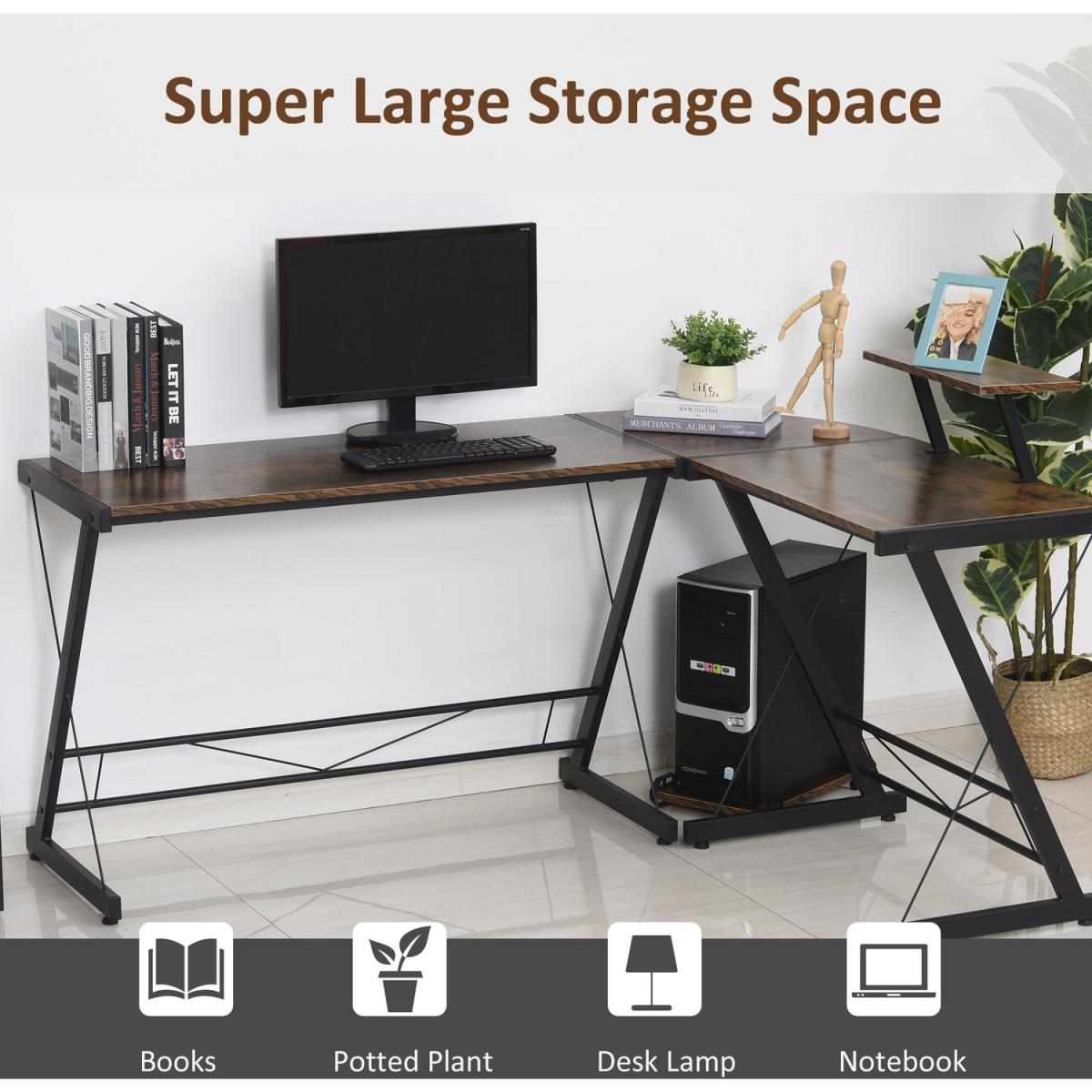 L Shaped Home Office Desk with Shelf and CPU Stand - Black, Wood Grain – image 5