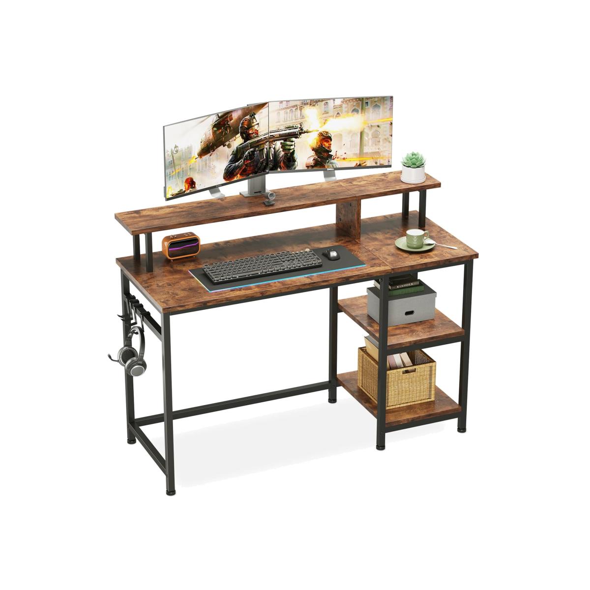 Computer Gaming Desk with Monitor Stand Storage Shelves - Brown
