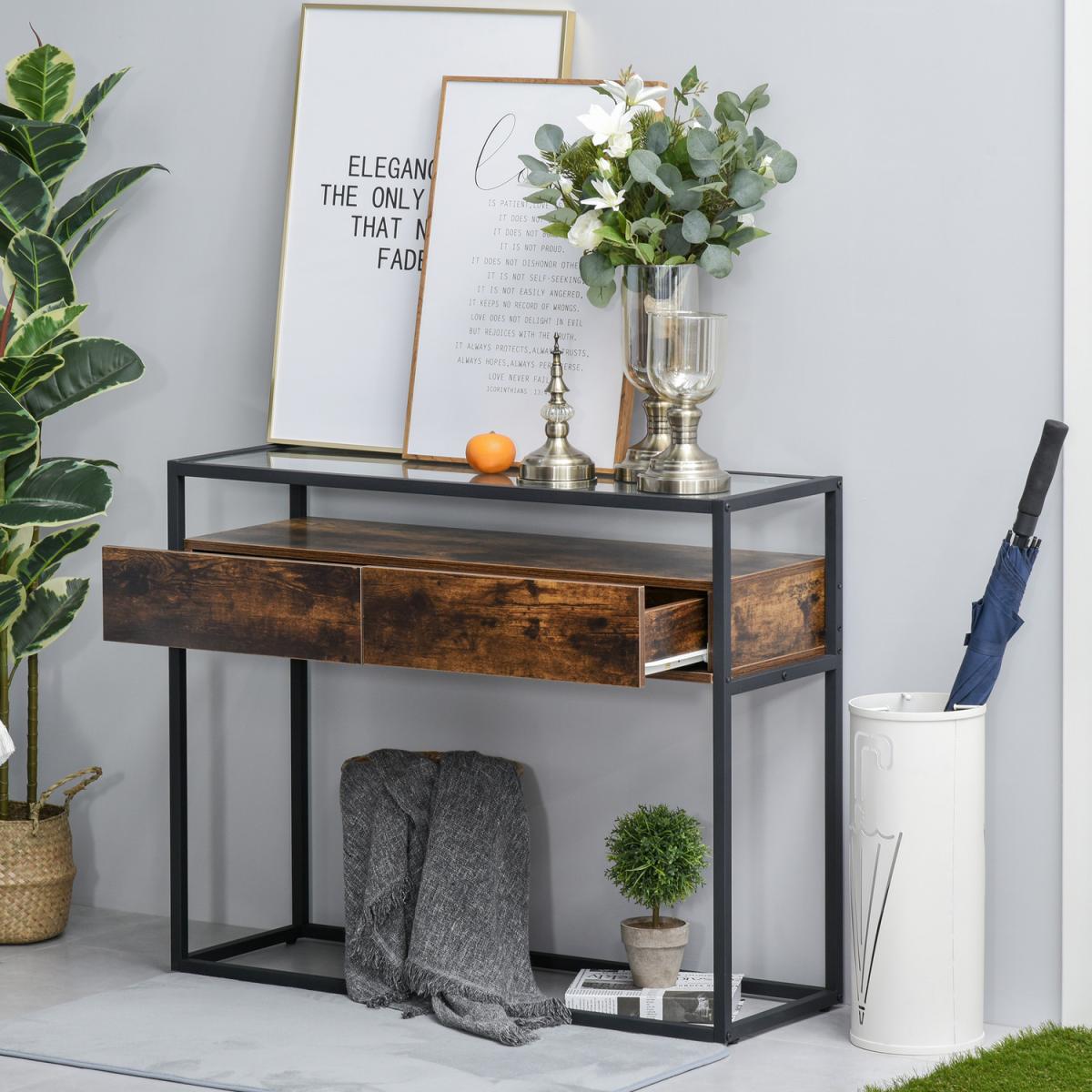 Entryway Console Table Desk with Drawers - Brown wood – image 9