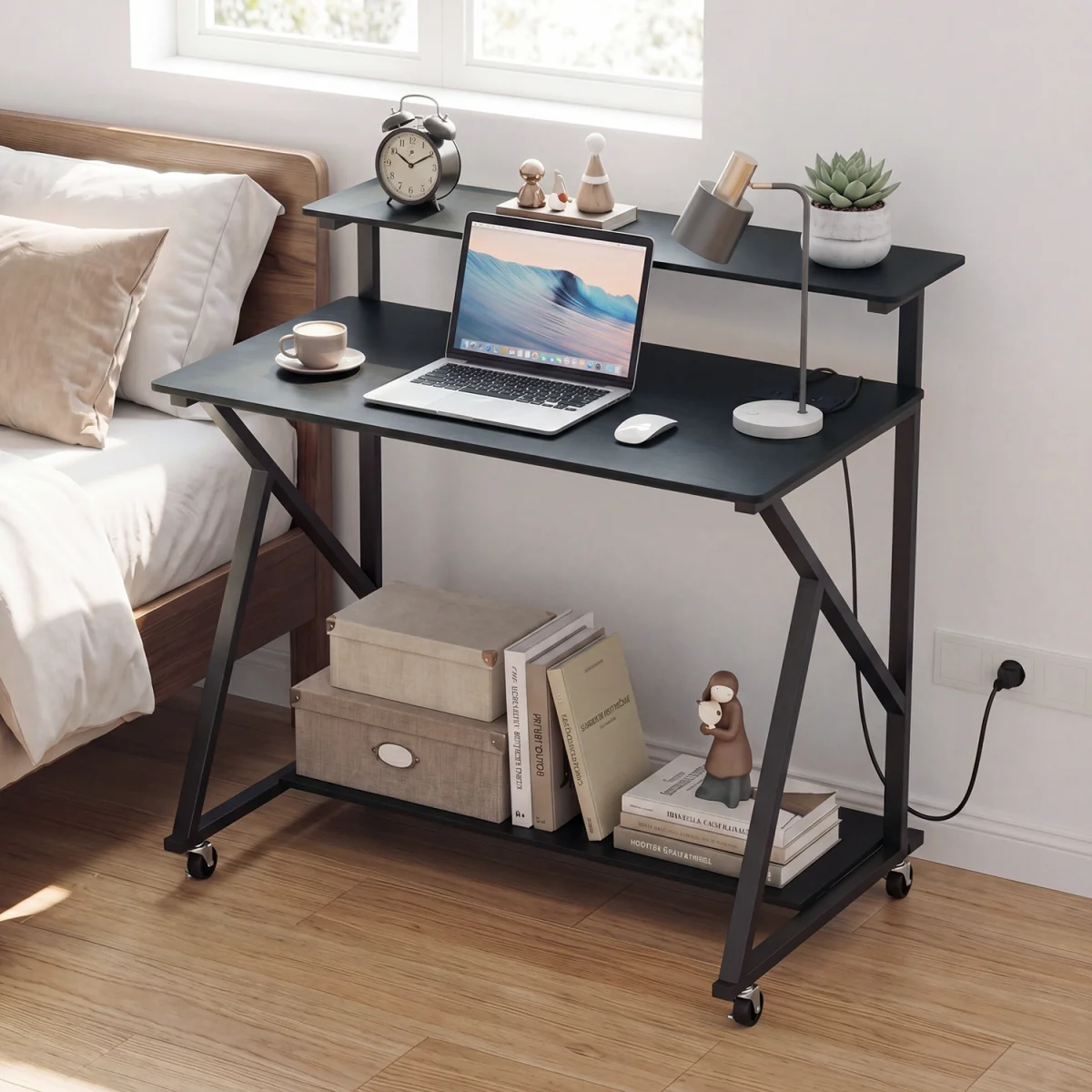 Mobile Rolling Computer Desk with Monitor Stand-Black - Black – image 2