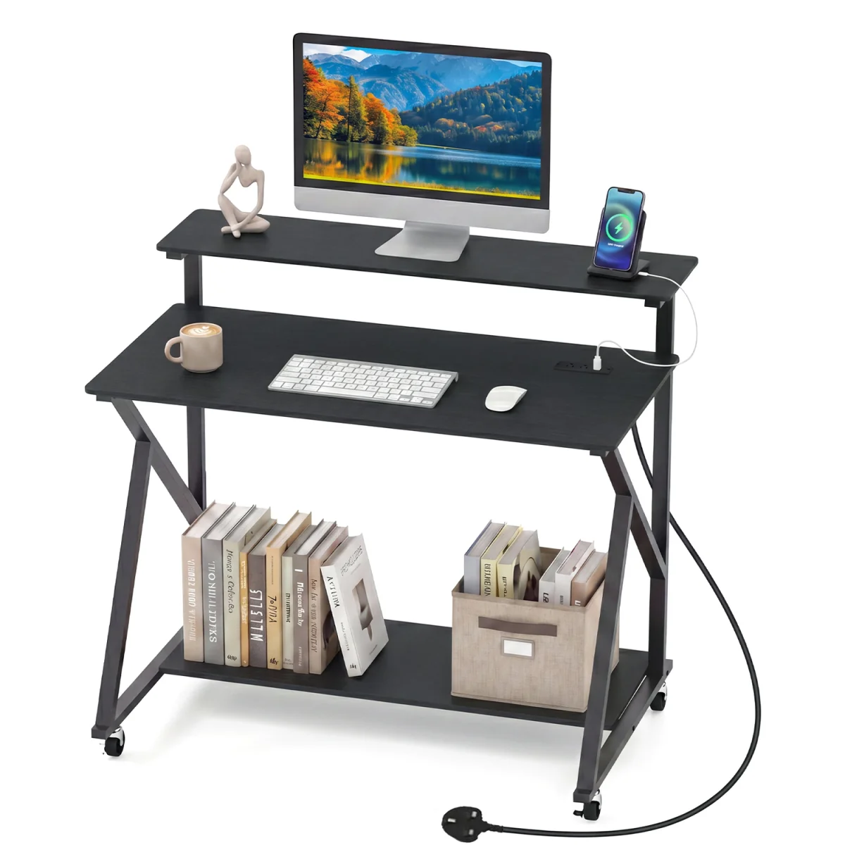Mobile Rolling Computer Desk with Monitor Stand-Black - Black – image 3