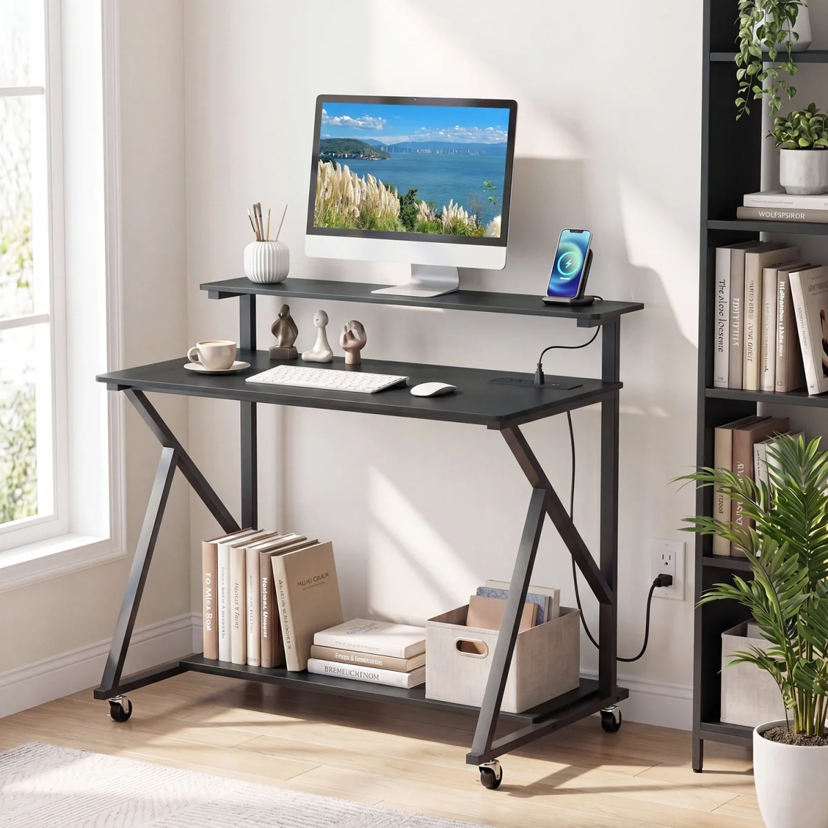 Mobile Rolling Computer Desk with Monitor Stand-Black - Black – image 4