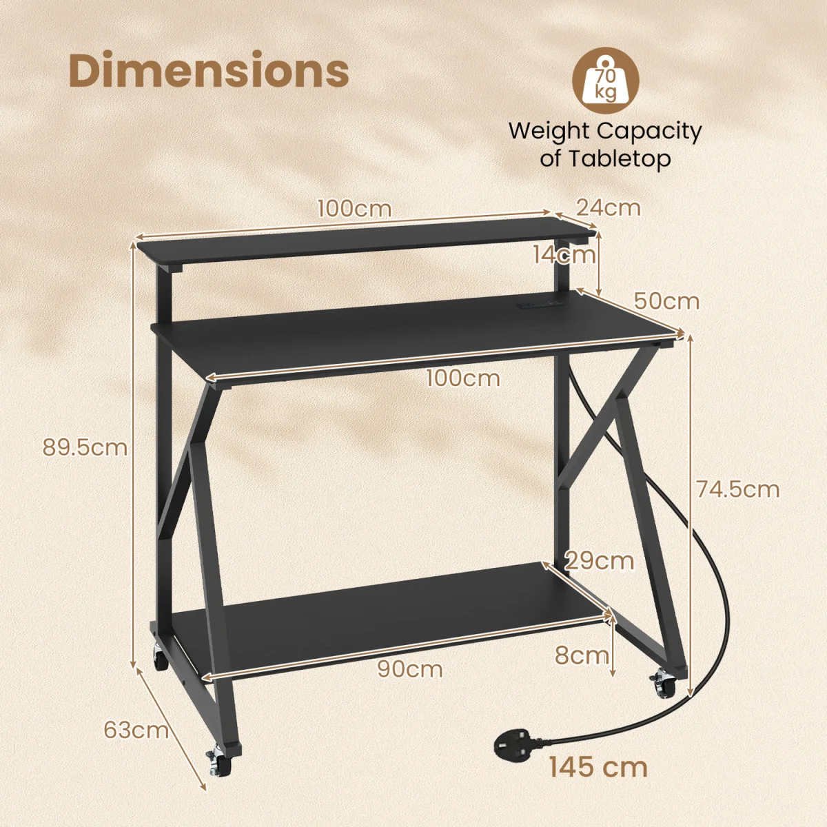 Mobile Rolling Computer Desk with Monitor Stand-Black - Black – image 6