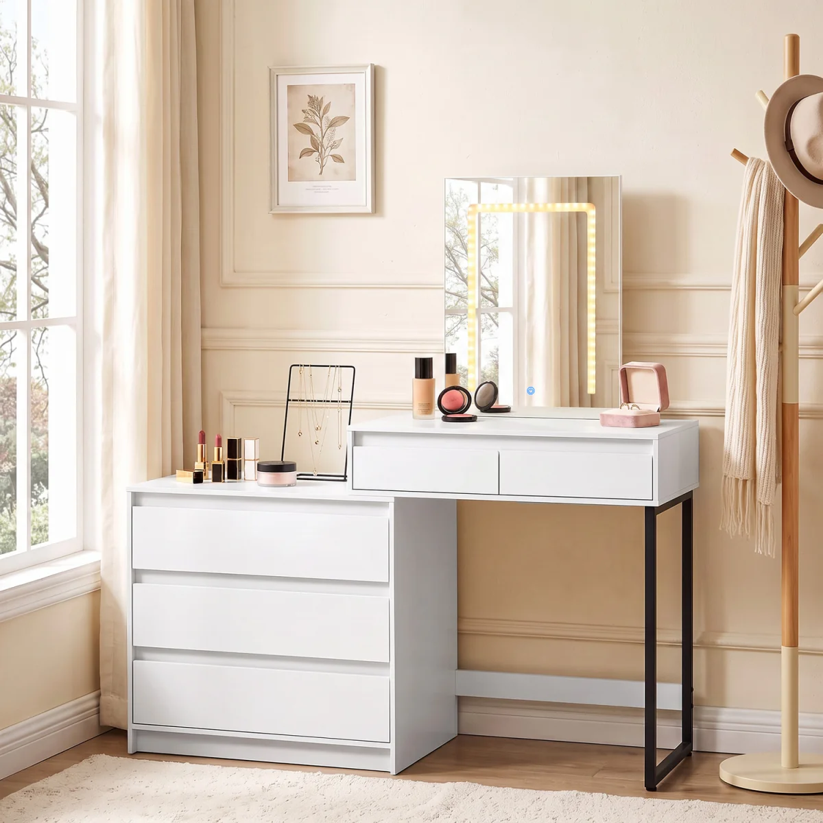 HOMCOM Vanity Makeup Desk LED Mirror Bedroom White - White – image 4