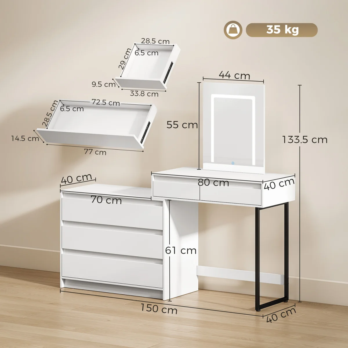 HOMCOM Vanity Makeup Desk LED Mirror Bedroom White - White – image 5