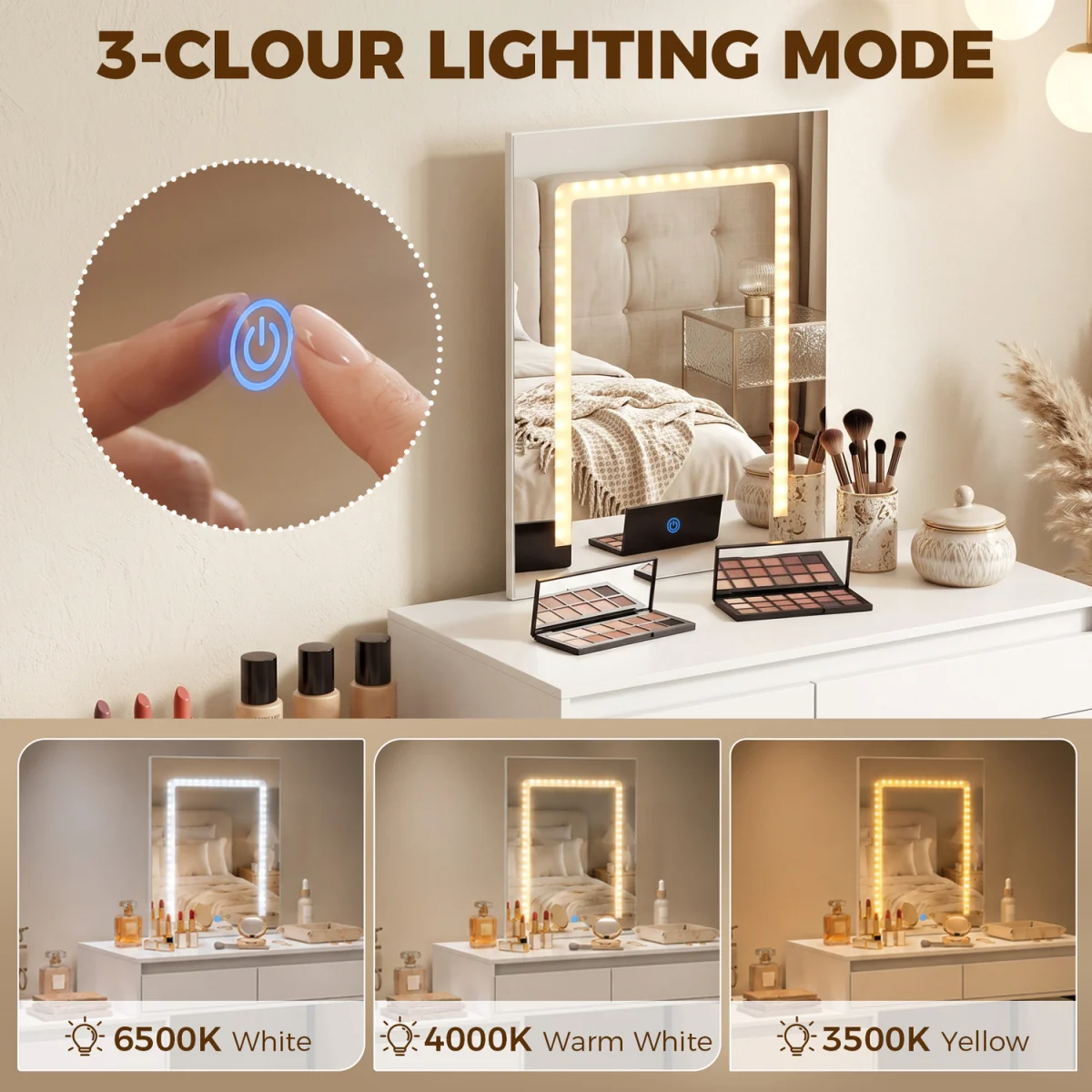 HOMCOM Vanity Makeup Desk LED Mirror Bedroom White - White – image 6