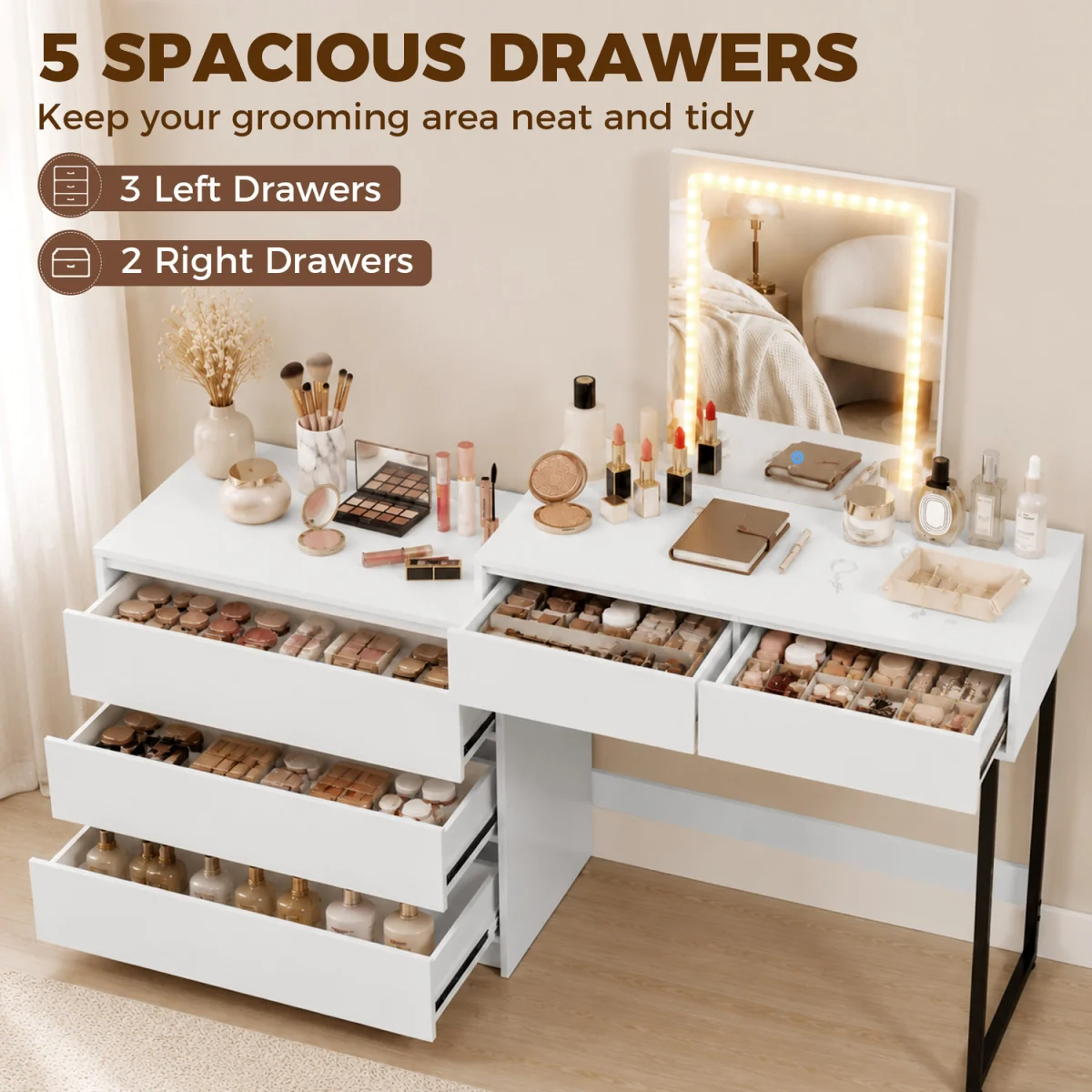HOMCOM Vanity Makeup Desk LED Mirror Bedroom White - White – image 7