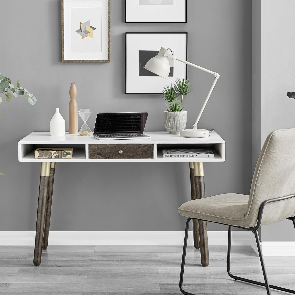 Colby Solid Dark Walnut Wood and White Gold Office Desk - White – image 5