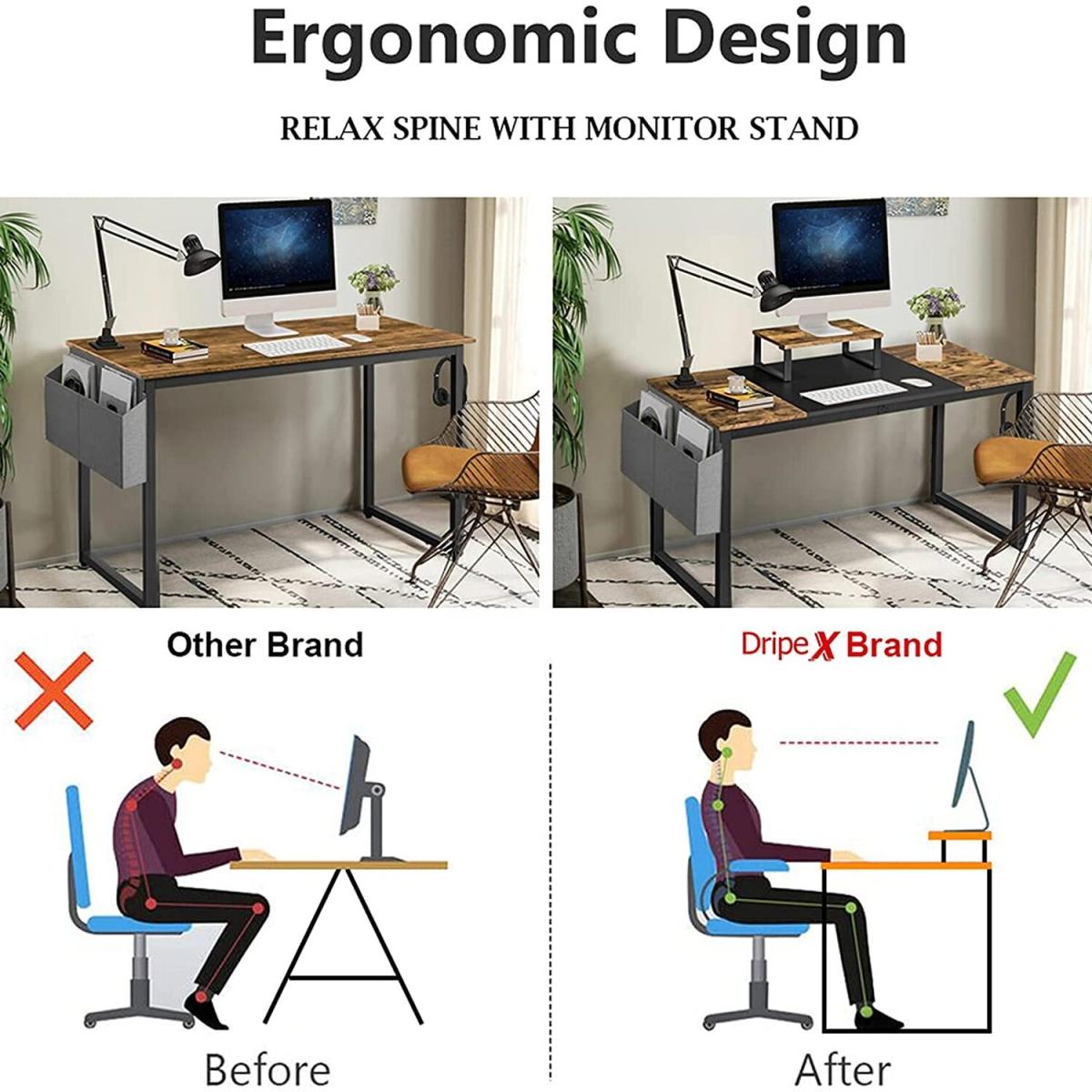 Dripex Computer Desk Industrial Writing Desk with Monitor Stand - rustic brown – image 4