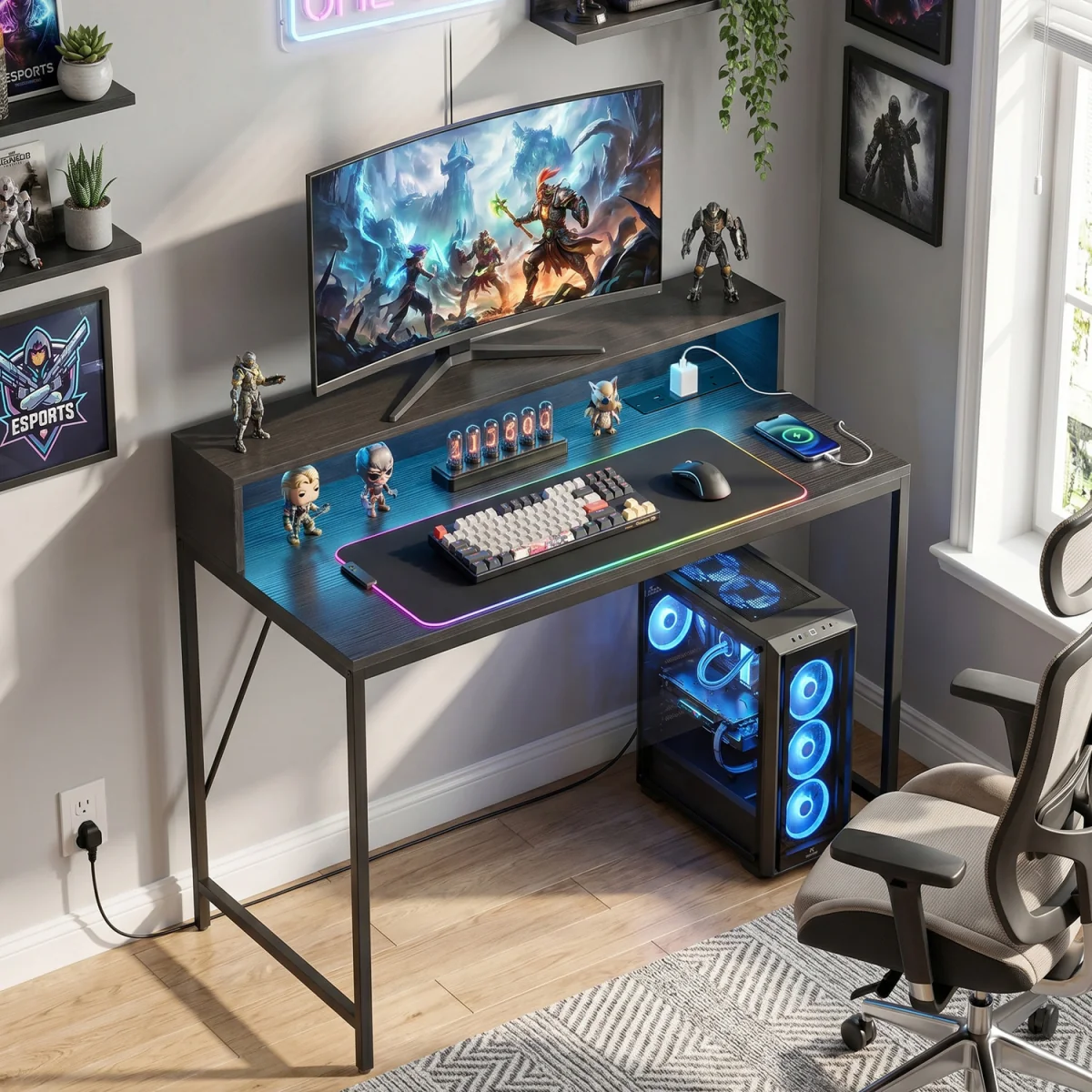 HOMCOM Computer Desk with LED Lights and Power Outlets - Black Wood-Effect / 100cm – image 2