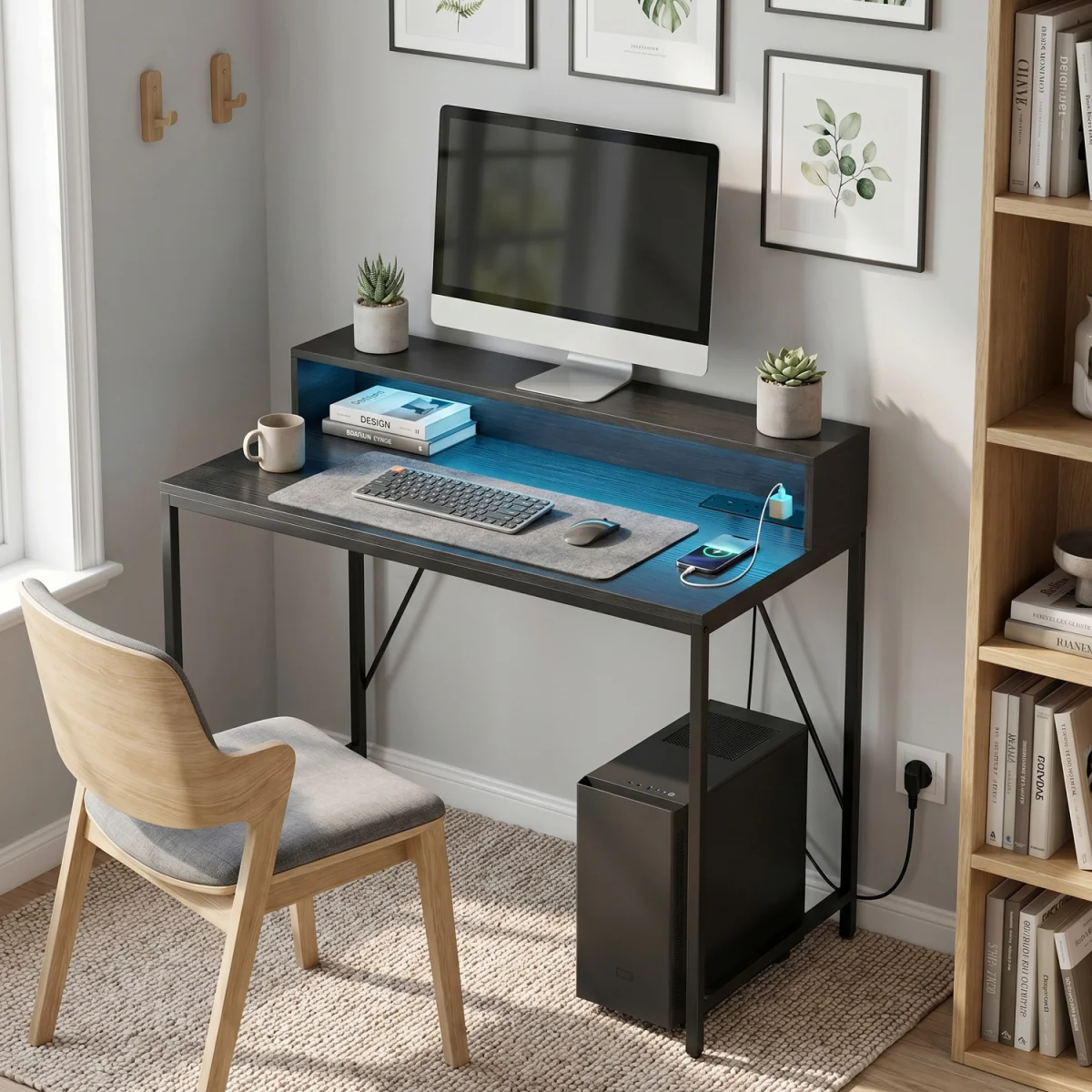 HOMCOM Computer Desk with LED Lights and Power Outlets - Black Wood-Effect / 100cm – image 3