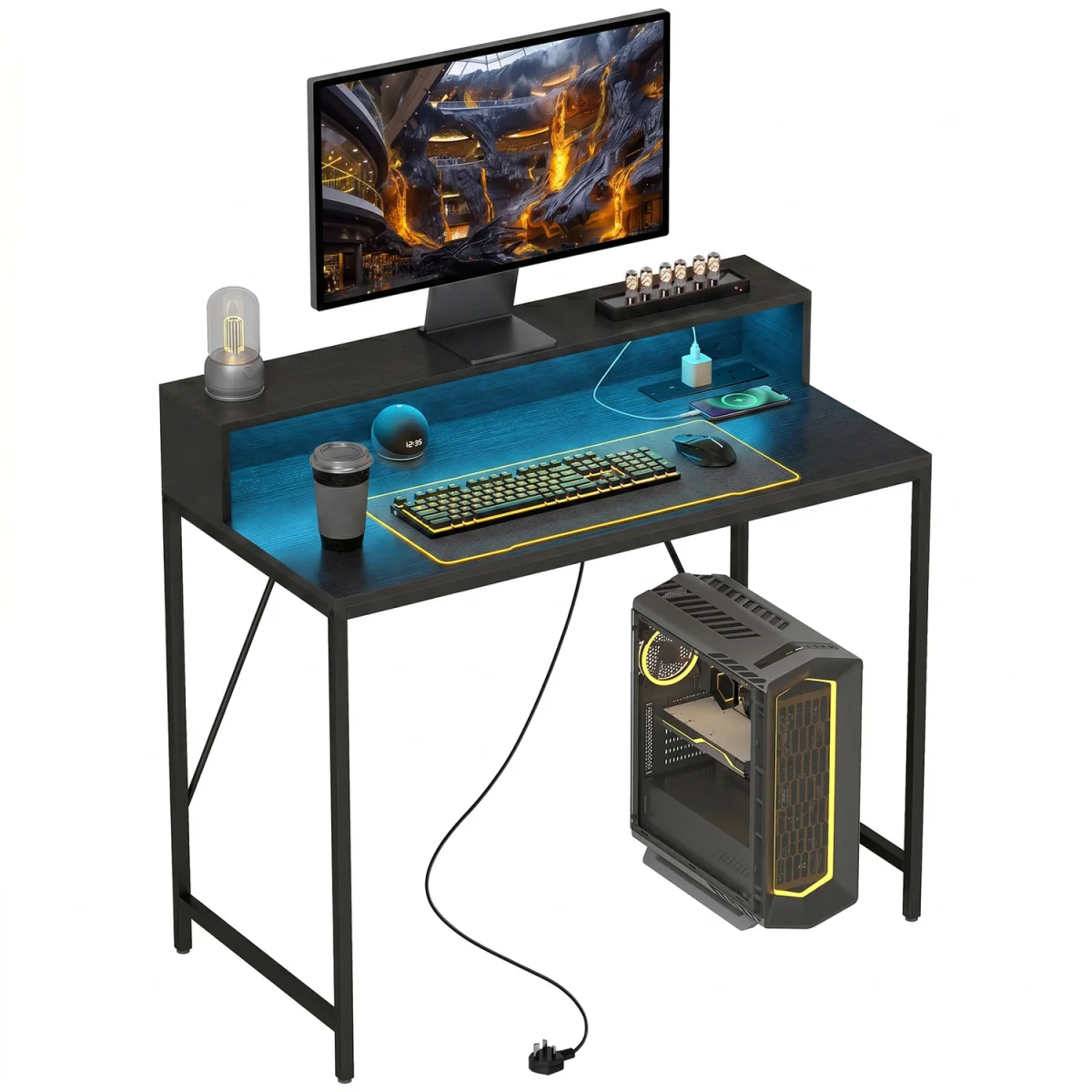 HOMCOM Computer Desk with LED Lights and Power Outlets - Black Wood-Effect / 100cm – image 9