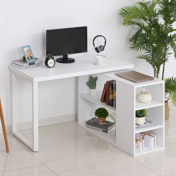 L Shaped Computer Desk with Rotating Storage Shelf - White – image 1