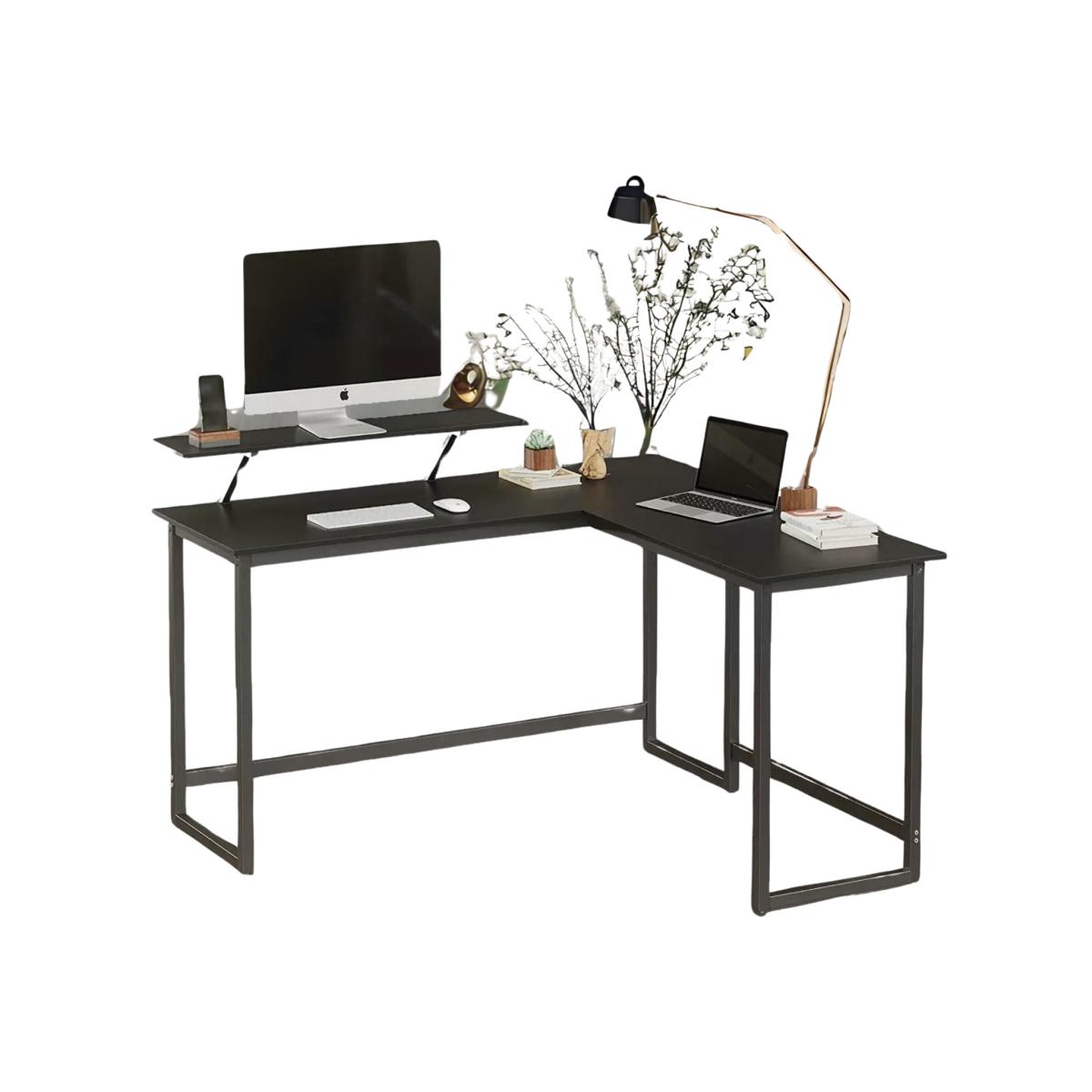 Industrial Rustic L-Shaped Computer Desk With Monitor Stand - Black