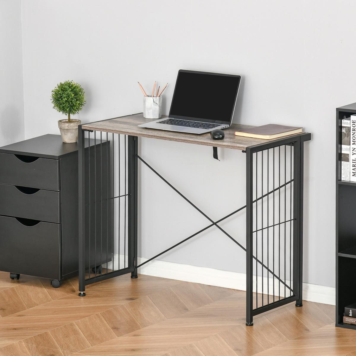 Folding Computer Desk - Rustic Brown, Black – image 2