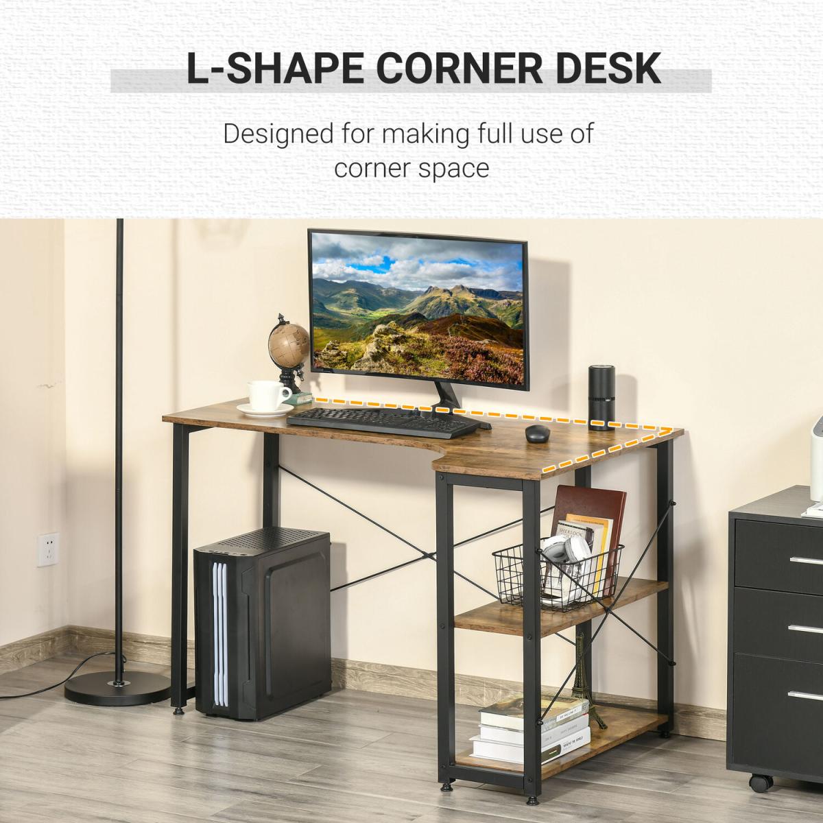 L-Shaped Corner Computer Desk with 2 Shelves - Rustic Brown – image 3
