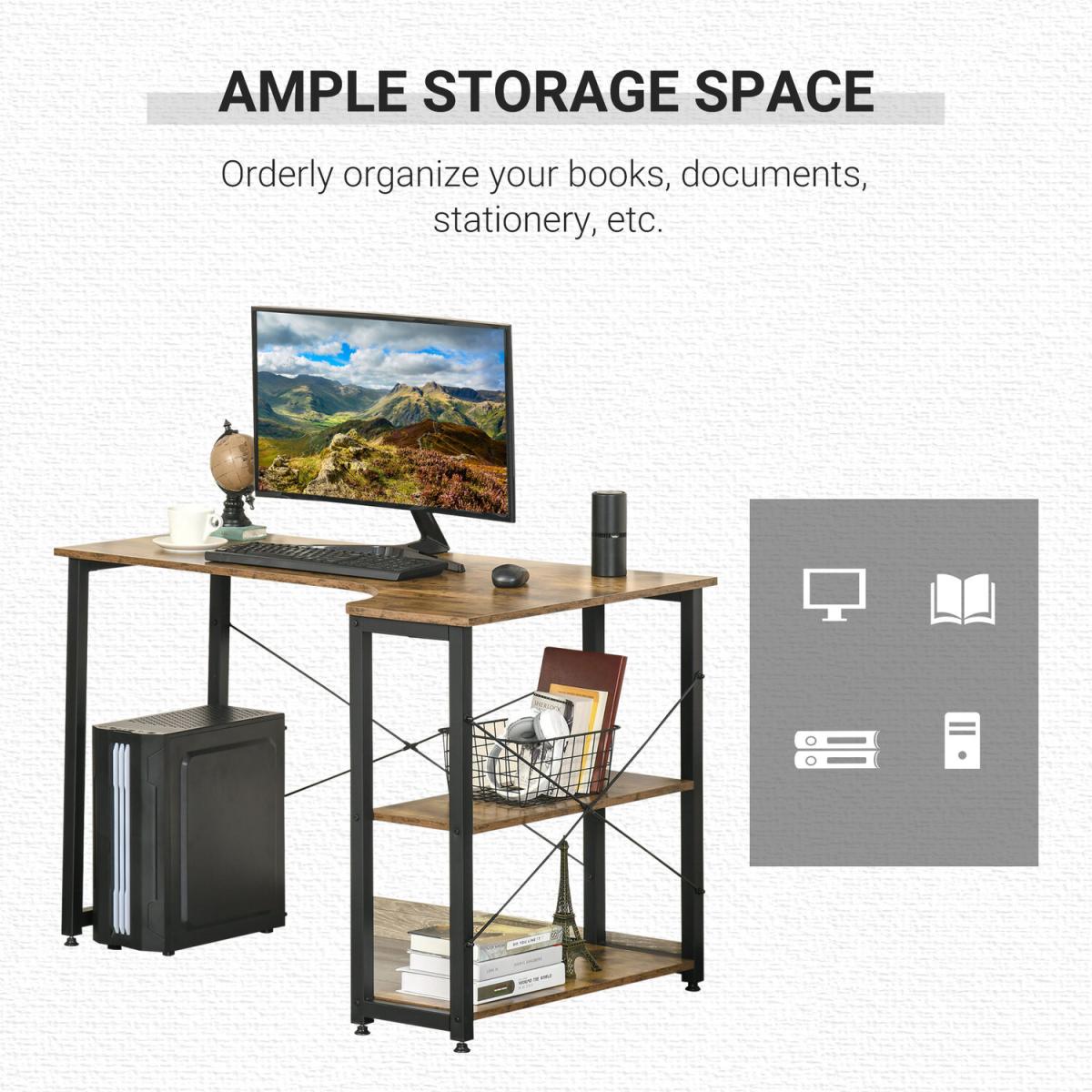L-Shaped Corner Computer Desk with 2 Shelves - Rustic Brown – image 4