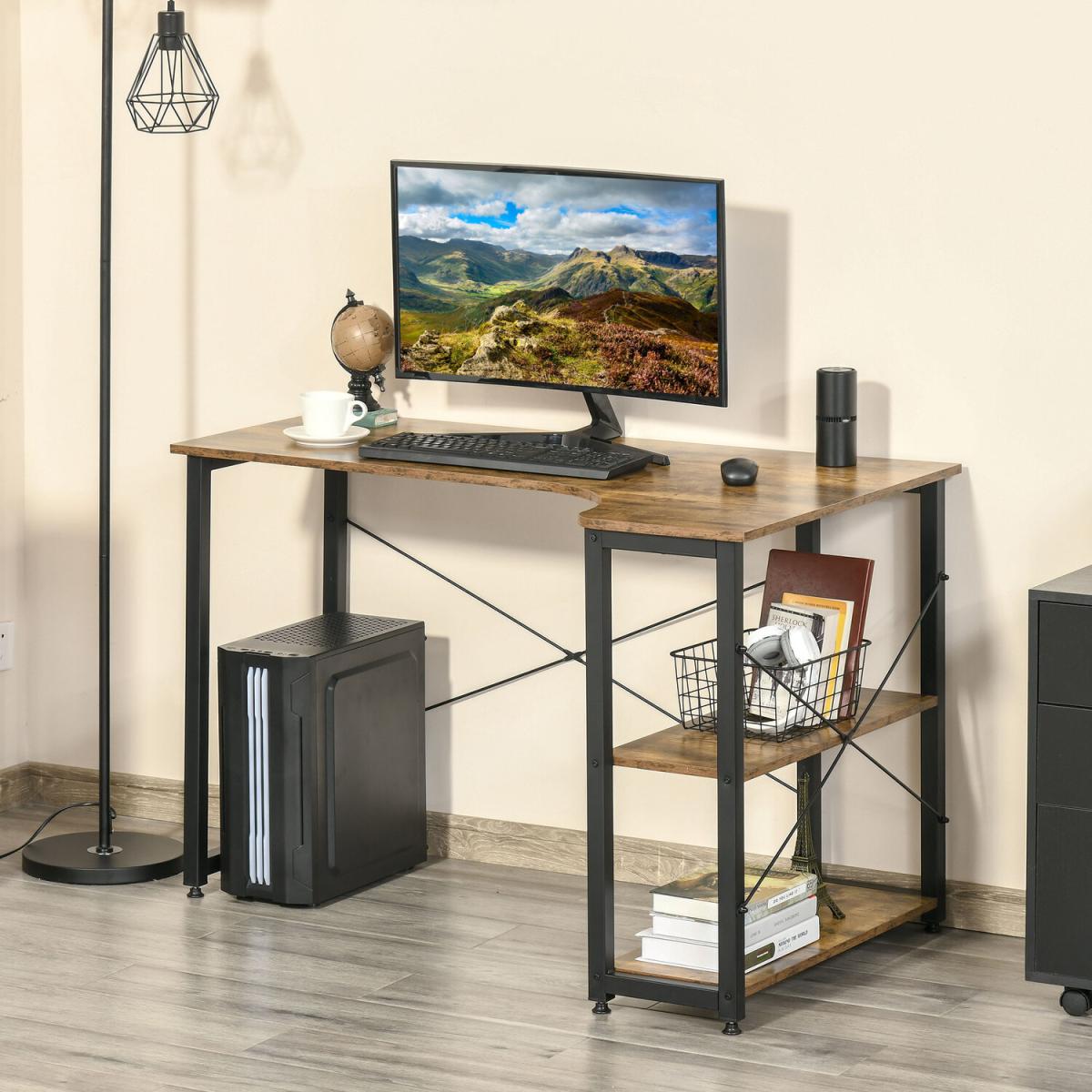 L-Shaped Corner Computer Desk with 2 Shelves - Rustic Brown – image 9