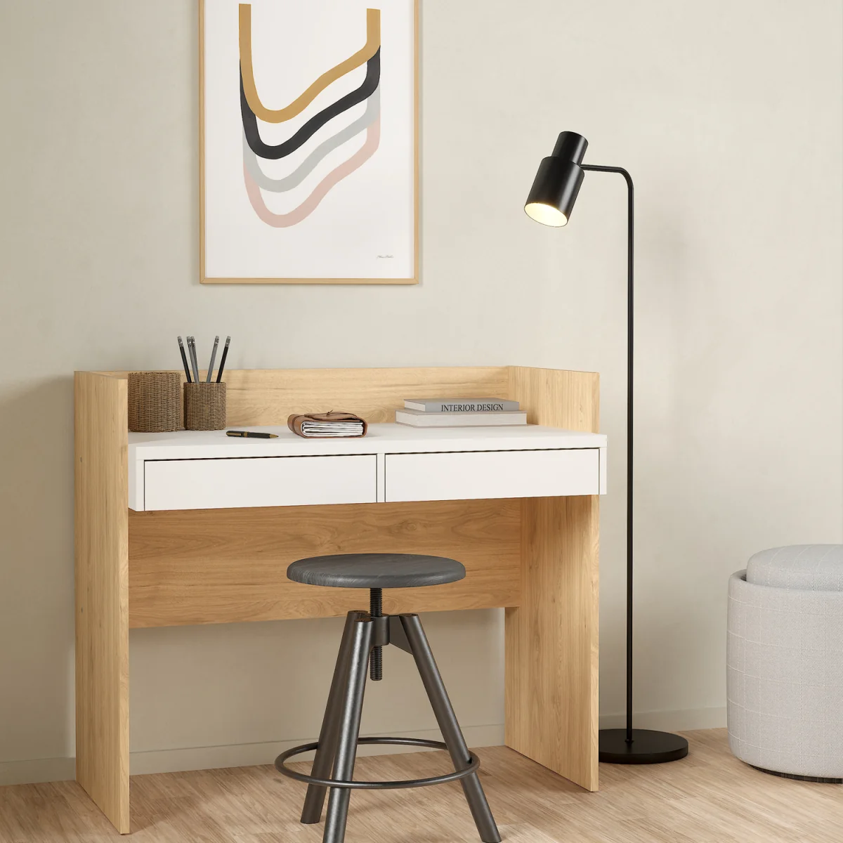 Function Plus Desk 2 Drawers In Jackson Hickory and White - Jackson Hickory & White – image 2