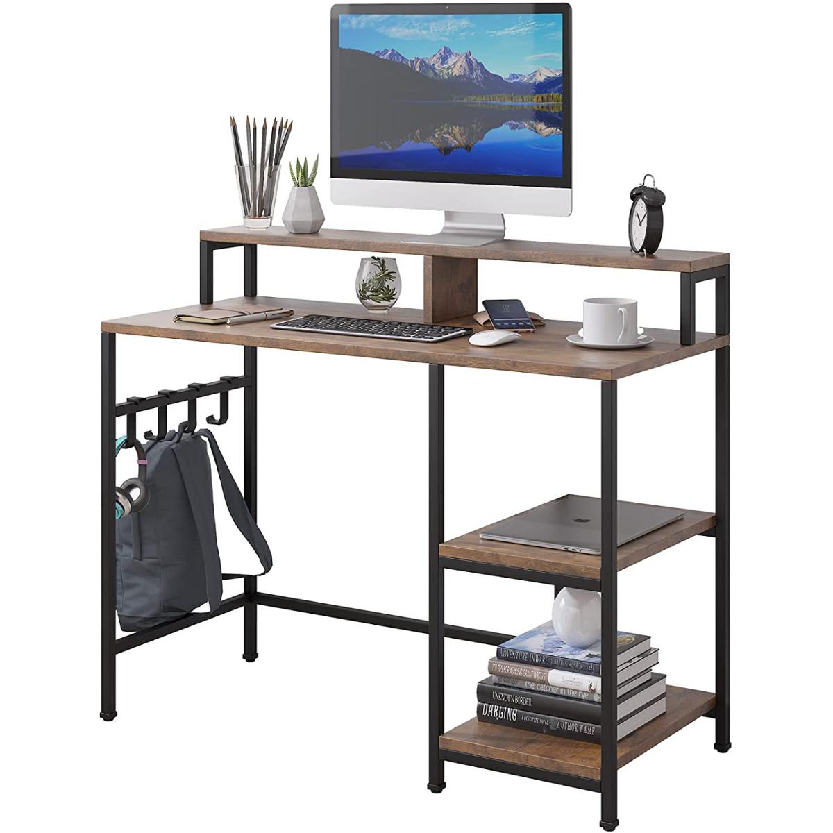 Dripex Computer Desk with Storage Shelves Monitor Stand - Rustic Brown – image 2