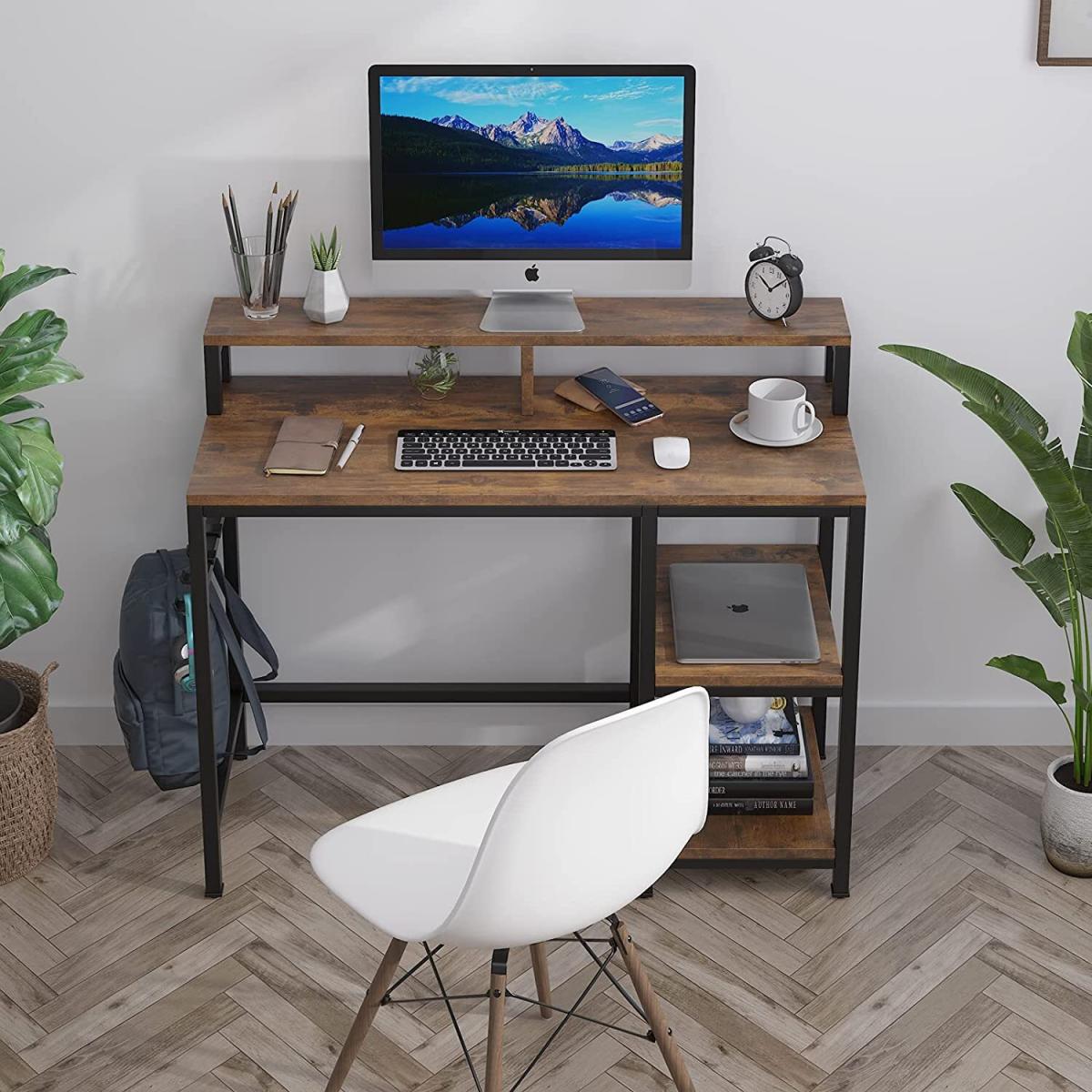Dripex Computer Desk with Storage Shelves Monitor Stand - Rustic Brown – image 3