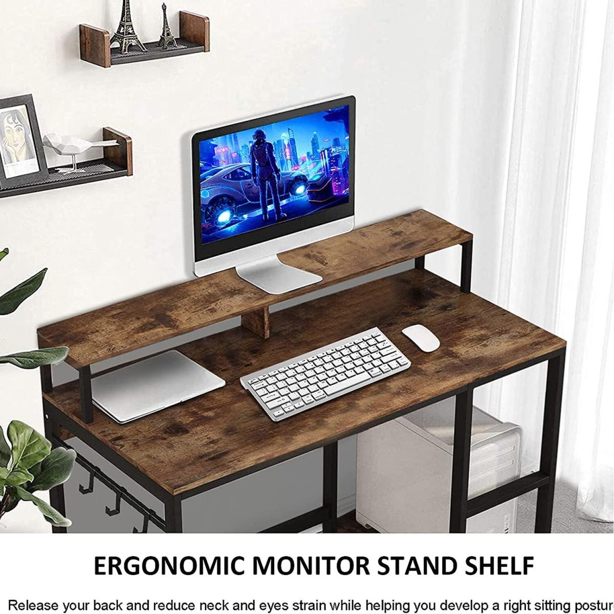 Dripex Computer Desk with Storage Shelves Monitor Stand - Rustic Brown – image 5