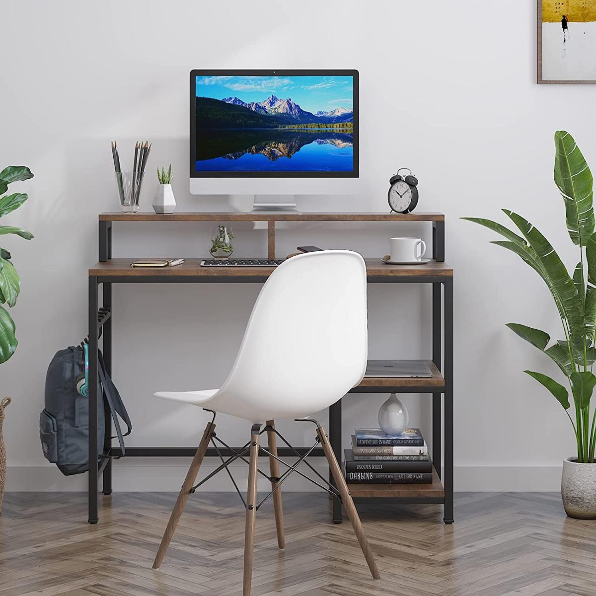 Dripex Computer Desk with Storage Shelves Monitor Stand - Rustic Brown – image 6
