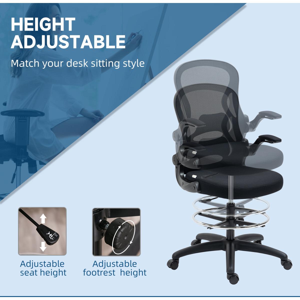 Draughtsman Chair Tall Office Chair for Standing Desk with Armrests - Black – image 2
