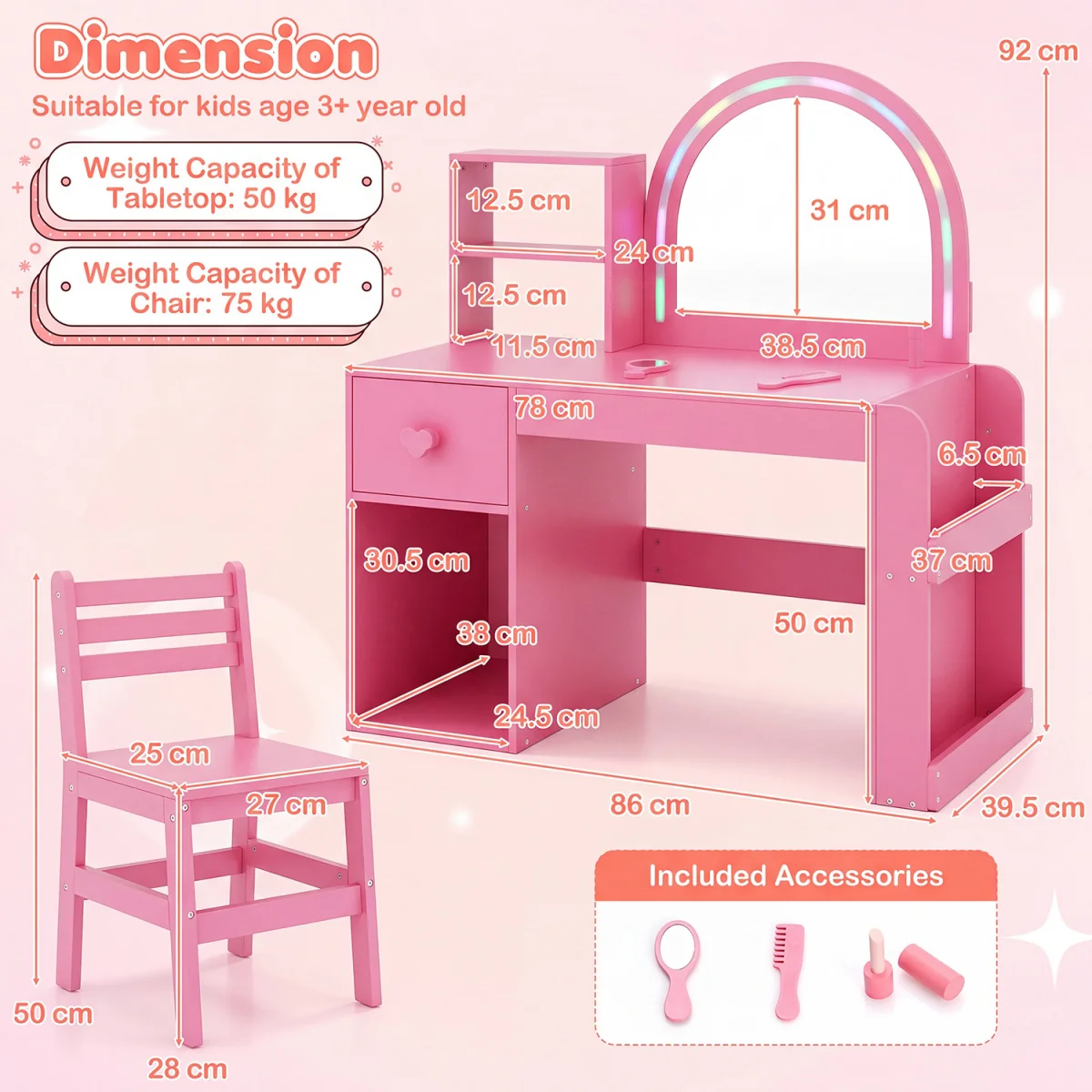 Princess Makeup Vanity Desk with Lighted Mirror - Pink – image 2