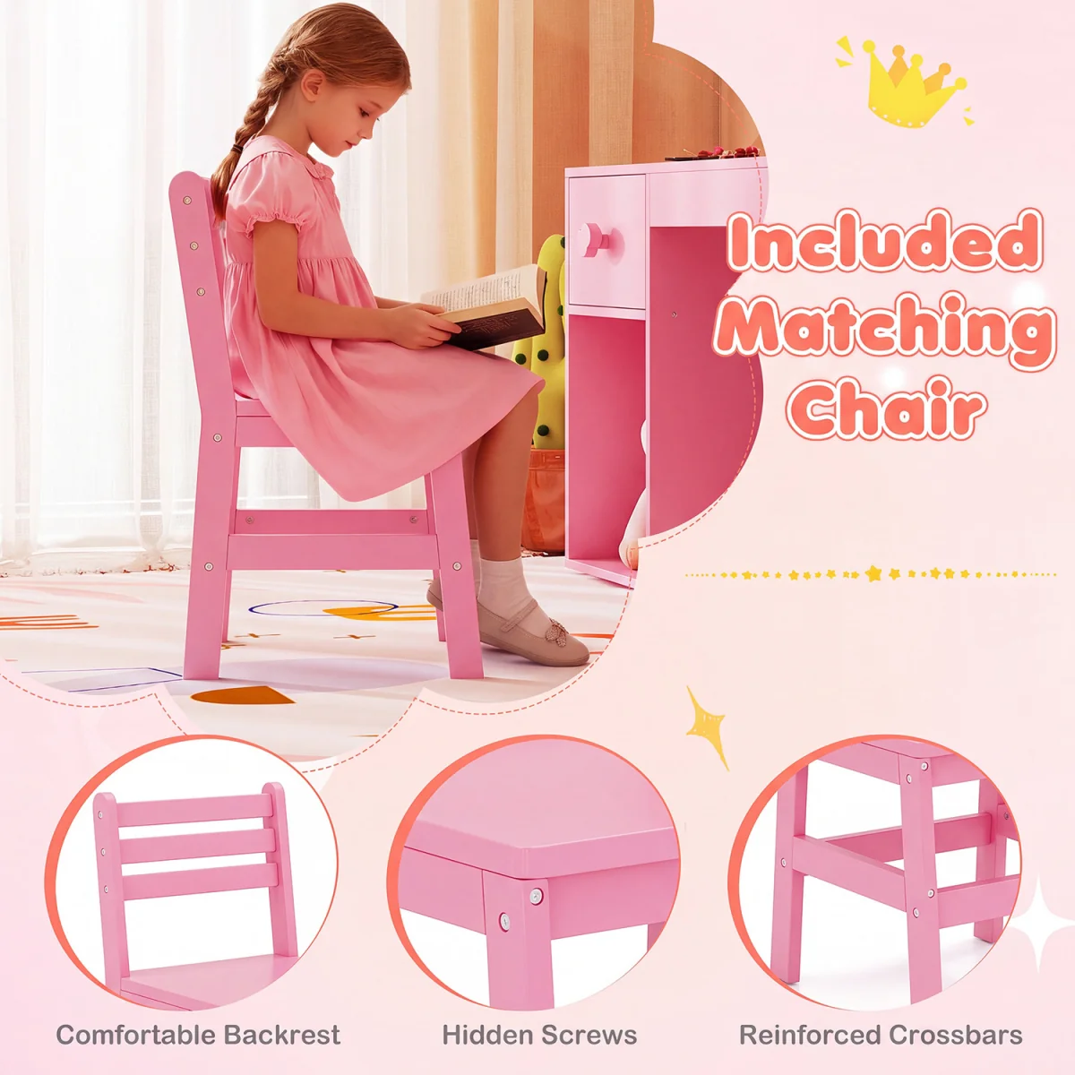 Princess Makeup Vanity Desk with Lighted Mirror - Pink – image 6