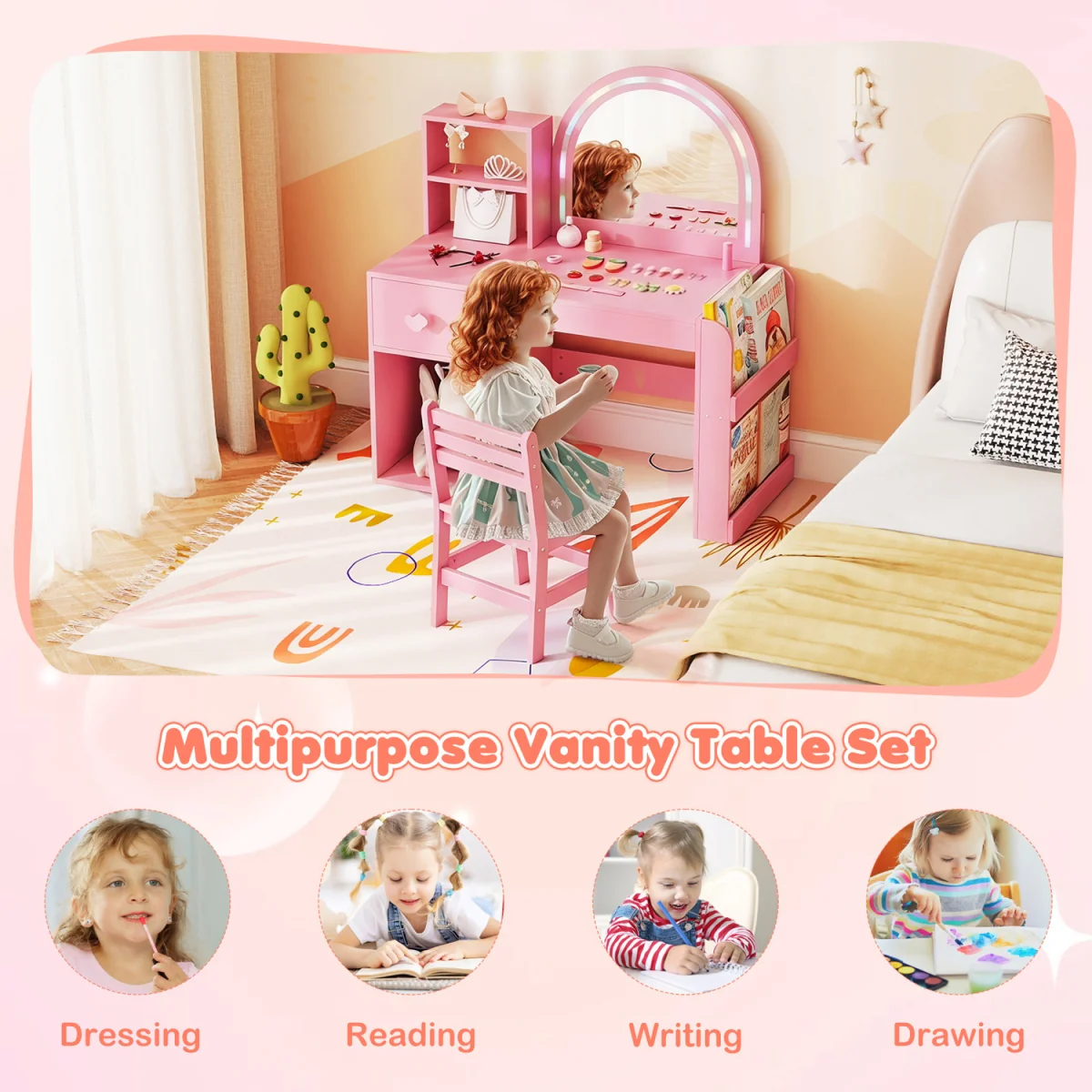 Princess Makeup Vanity Desk with Lighted Mirror - Pink – image 10
