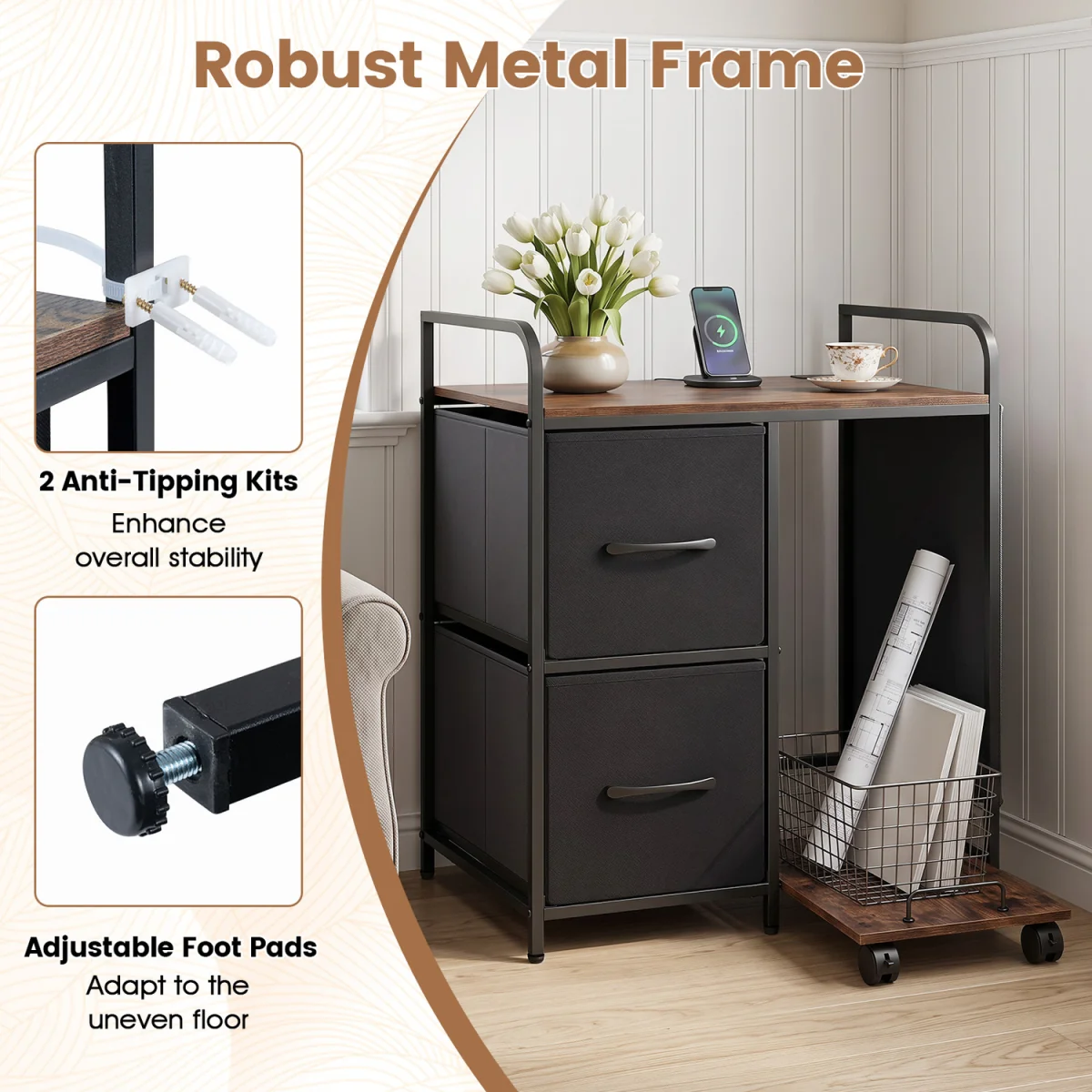 Printer Stand with Rolling Shredder Stand with Fabric Drawers - Brown – image 2