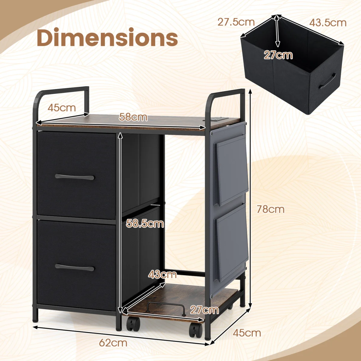 Printer Stand with Rolling Shredder Stand with Fabric Drawers - Brown – image 3