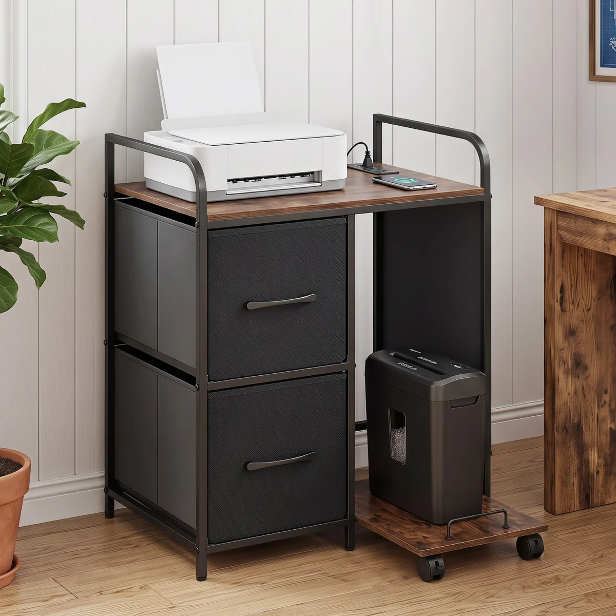 Printer Stand with Rolling Shredder Stand with Fabric Drawers - Brown – image 4
