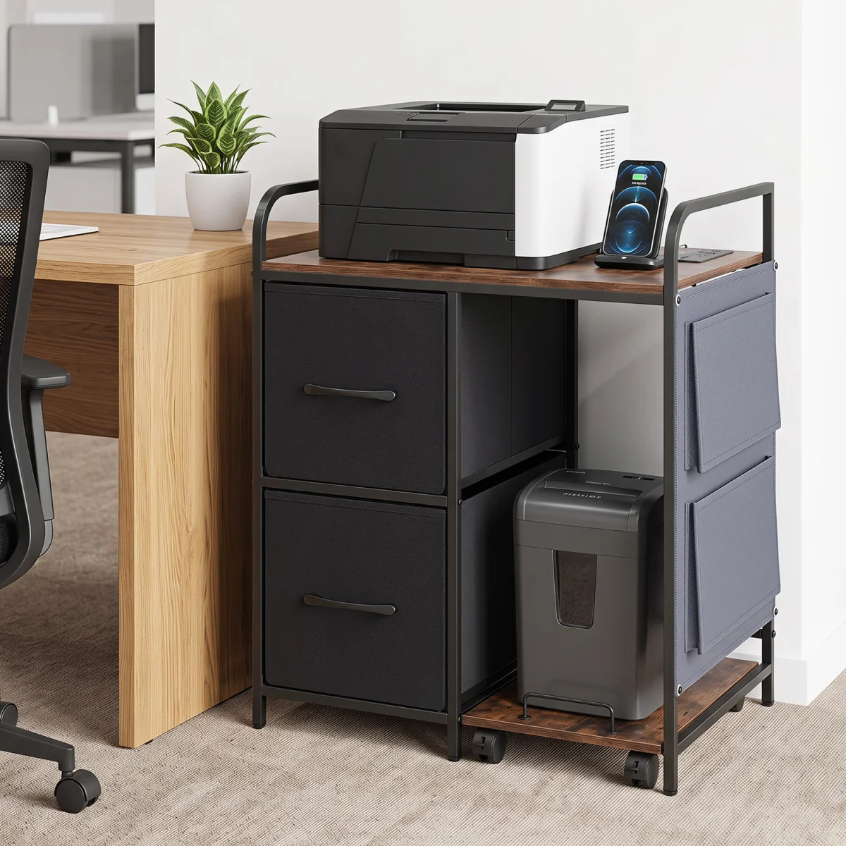 Printer Stand with Rolling Shredder Stand with Fabric Drawers - Brown – image 5