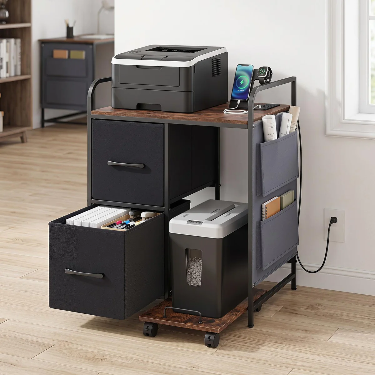 Printer Stand with Rolling Shredder Stand with Fabric Drawers - Brown – image 6