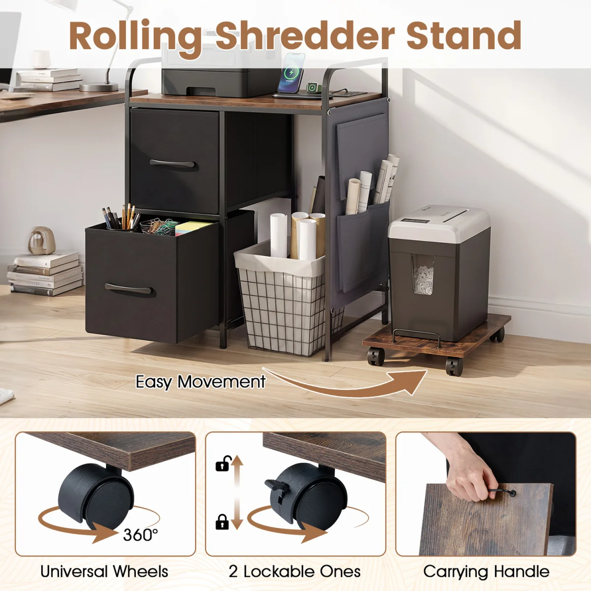 Printer Stand with Rolling Shredder Stand with Fabric Drawers - Brown – image 8