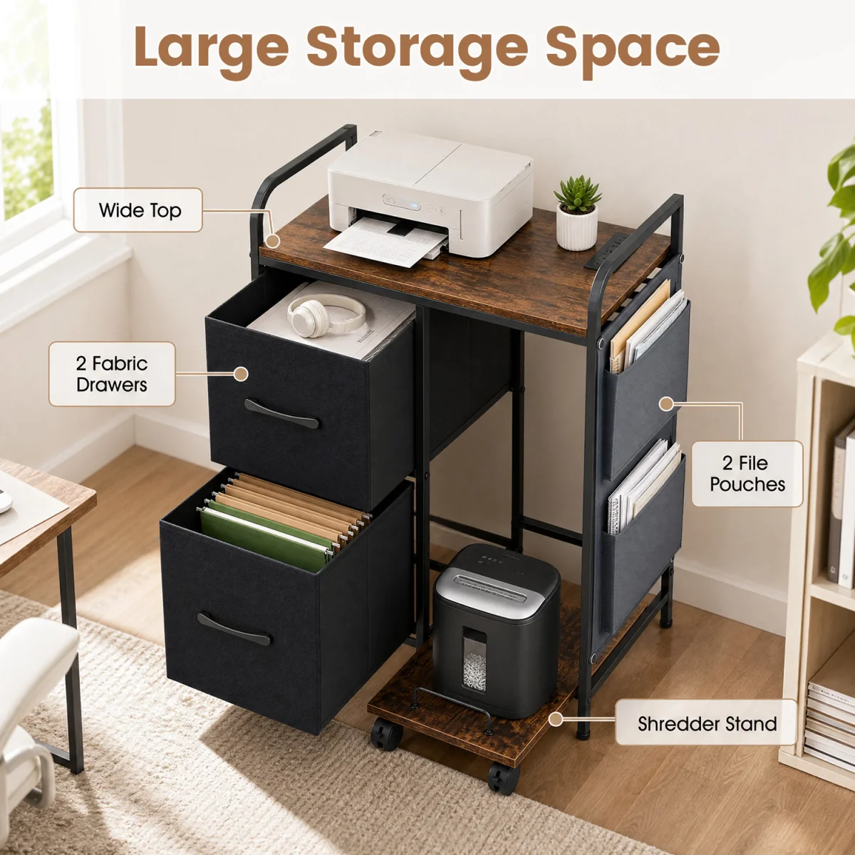 Printer Stand with Rolling Shredder Stand with Fabric Drawers - Brown – image 10
