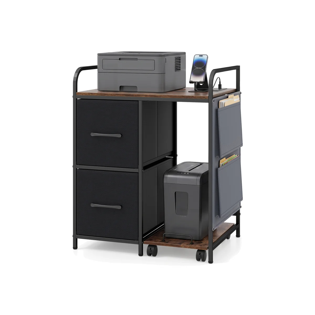 Printer Stand with Rolling Shredder Stand with Fabric Drawers - Brown – image 1