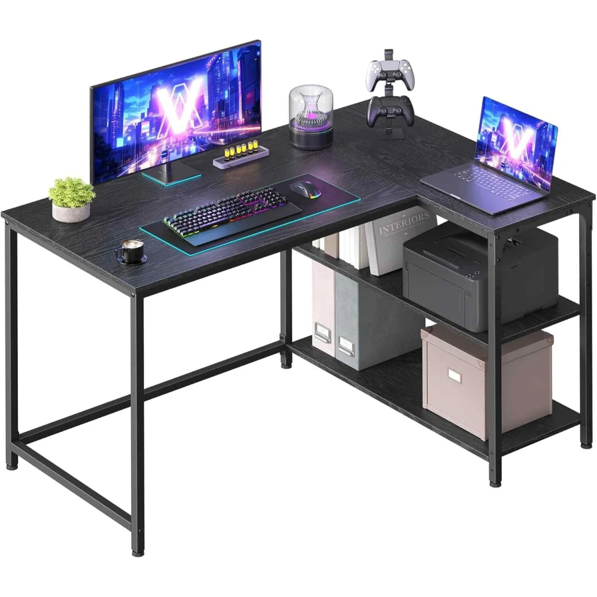 L Shaped Computer Desk Reversible Shelves, Black - Ebony Black – image 2