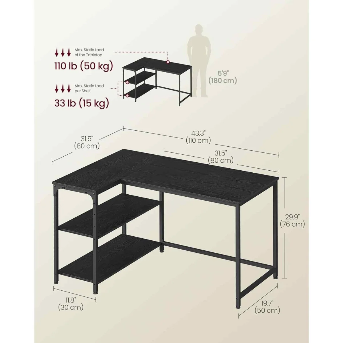 L Shaped Computer Desk Reversible Shelves, Black - Ebony Black – image 3