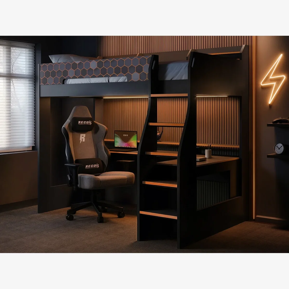 Recoil Ultimate Lumi Gaming High Sleeper with Desk - Orange / Single – image 1