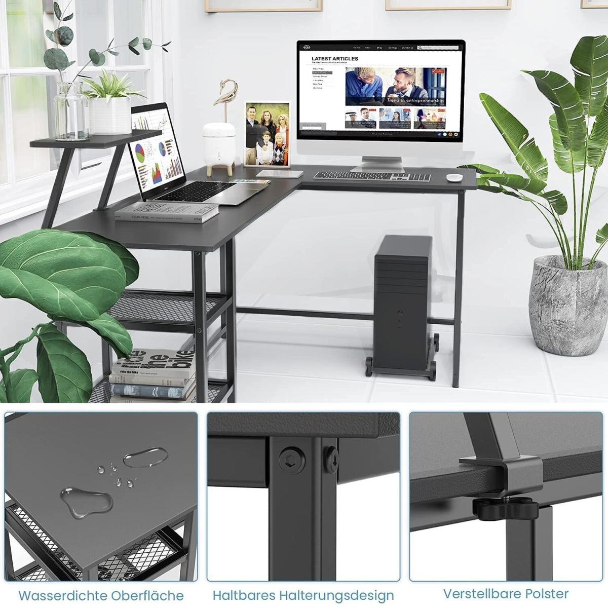 Large 2 Layer Storage Computer L-Shaped Desk - Black – image 3